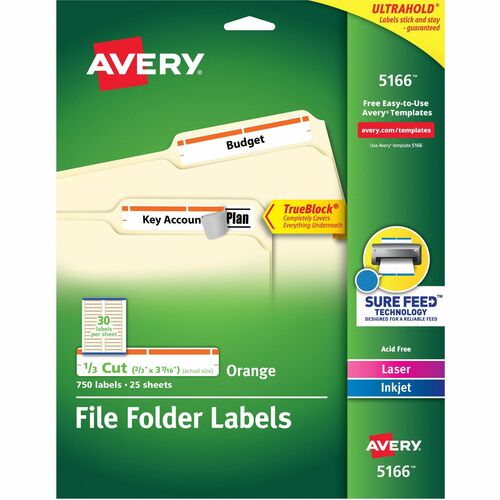 Avery® AVE5166 Filing Label - Permanent Adhesive - 0.33" Length - Rectangle - Laser, Inkjet - Orange - 750 / Pack