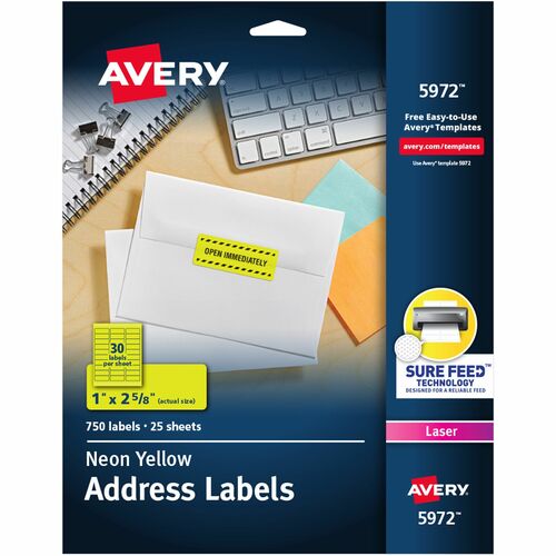 Avery® AVE5972 High Visibility Labels - Permanent Adhesive - 1" Width X 2.62" Length - 30 / Sheet - Rectangle - Laser - Yellow - 750 / Pack
