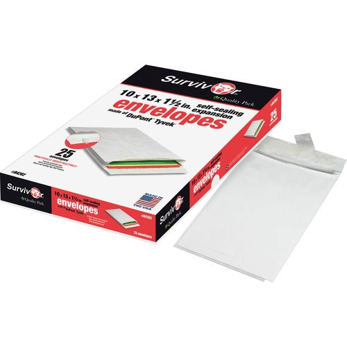Survivor® QUAR4202 Plain Expansion Envelopes - Expansion - 10" Width X 13" Length - 0.50" Gusset - 14 Lb - Self-Sealing - Tyvek - 25 / Box - White