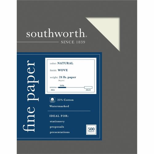 Southworth SOU404NC 24Lb 25% Cotton Business Paper - Letter - 8.50" X 11" - 24 Lb Basis Weight - Recycled - 25% Recycled Content - Wove - 500 / Box - Natural