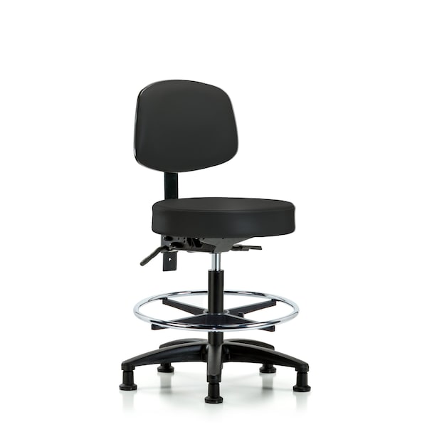 Blue Ridge Ergonomics VMBST-RG-T1-CF-RG-8540 Rutledge Vinyl Stool with Back - Medium Bench Height with Seat Tilt, Chrome Foot Ring, & Stationary Glides in Black Trailblazer™ Vinyl