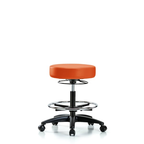 Blue Ridge Ergonomics VHBSO-CR-CF-CC-8613 Rutledge Vinyl Stool without Back Chrome - High Bench Height with Chrome Foot Ring & Casters in Orange Kist Trailblazer™ Vinyl