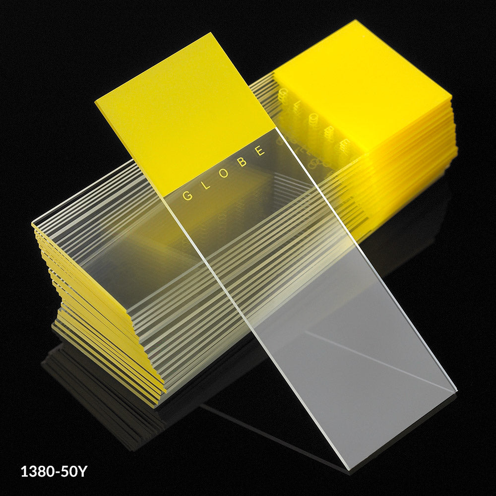 Globe Scientific 1380-50Y Microscope Slides Diamond White Glass 25 x 75mm 90° Ground Edges YELLOW Frosted 72/Box 20 Boxes/Case (10 Gross)