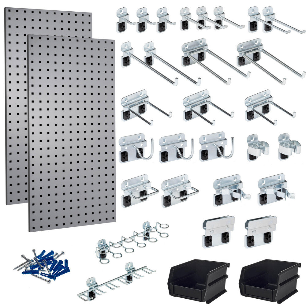 Triton Products LB18-GKit (2) 18" x 36" x 9/16" Gray Steel Square Hole Pegboards with 30 pc. LocHook Assortment & Hanging Bin System