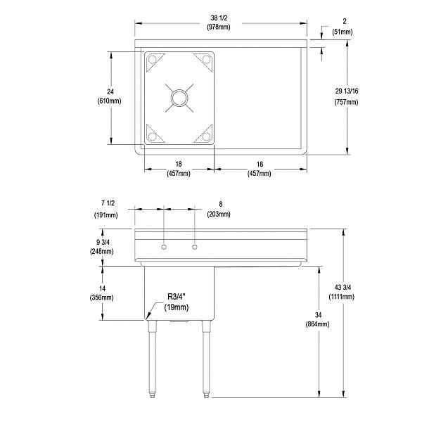 Elkay 14-1C18X24-R-18X Dependabilt Stainless Steel 38-1/2" x 29-13/16" x 43-3/4" 16 Gauge One Compartment Sink w/ 18" Right Drainboard and Stainless Steel Legs