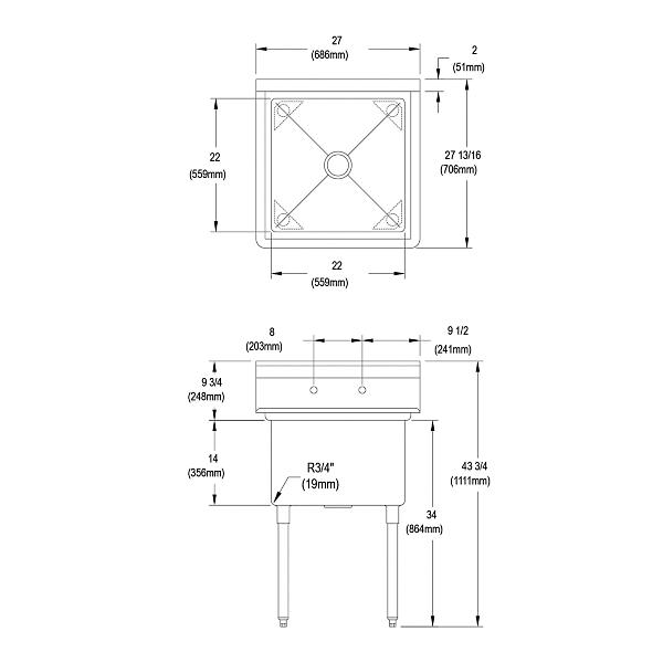 Elkay 14-1C22X22-0X Dependabilt Stainless Steel 27" x 27-13/16" x 43-3/4" 16 Gauge One Compartment Sink with Stainless Steel Legs
