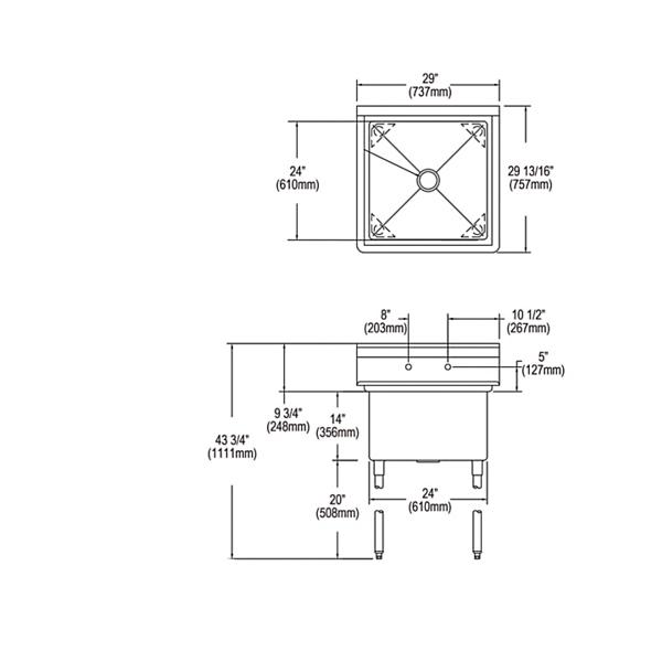 Elkay 14-1C24X24-0X Dependabilt Stainless Steel 29" x 29-13/16" x 43-3/4" 16 Gauge One Compartment Sink with Stainless Steel Legs