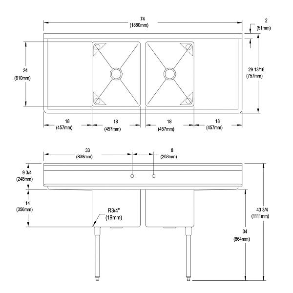 Elkay 14-2C18X24-2-18X Dependabilt Stainless Steel 74" x 29-13/16" x 43-3/4" 16 Gauge Two Compartment Sink w/ 18" Left and Right Drainboards and Stainless Steel Legs