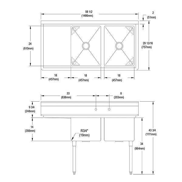 Elkay 14-2C18X24-L-18X Dependabilt Stainless Steel 58-1/2" x 29-13/16" x 43-3/4" 16 Gauge Two Compartment Sink w/ 18" Left Drainboard and Stainless Steel Legs