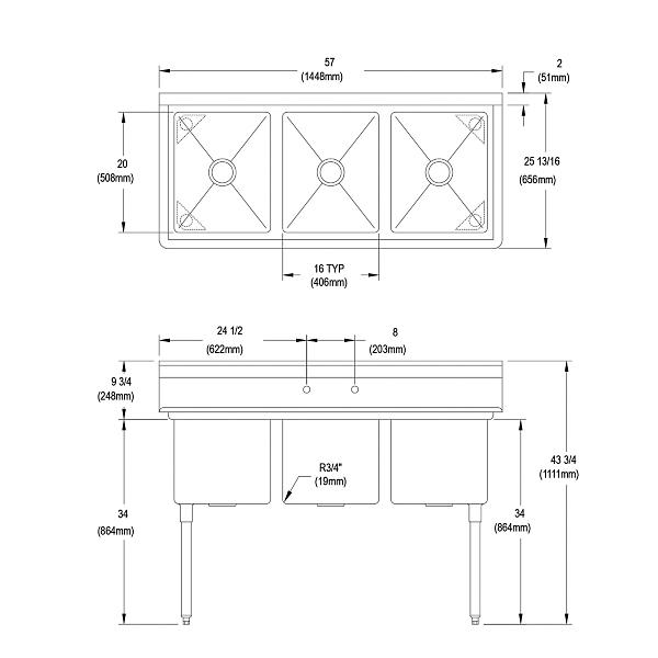 Elkay 14-3C16X20-0X Dependabilt Stainless Steel 57" x 25-13/16" x 43-3/4" 16 Gauge Three Compartment Sink with Stainless Steel Legs