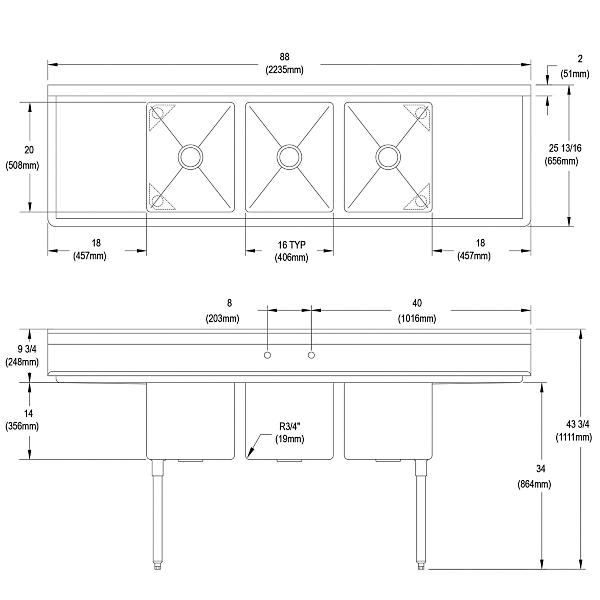 Elkay 14-3C16X20-2-18X Dependabilt Stainless Steel 88" x 25-13/16" x 43-3/4" 16 Gauge Three Compartment Sink w/ 18" Left and Right Drainboards and Stainless Steel Legs