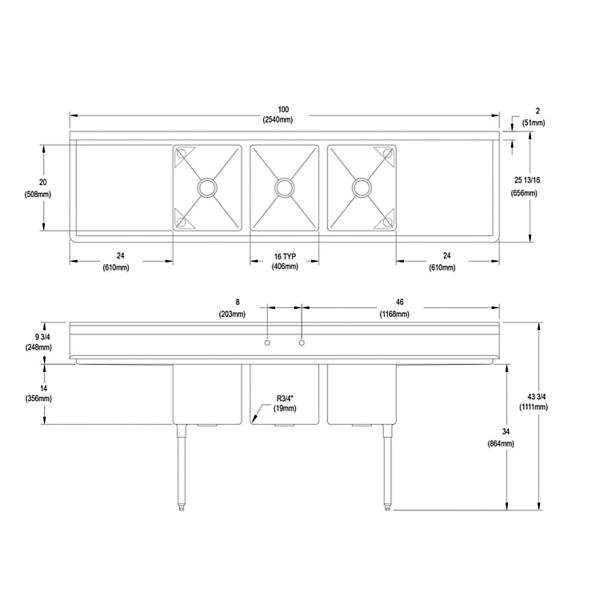Elkay 14-3C16X20-2-24X Dependabilt Stainless Steel 100" x 25-13/16" x 43-3/4" 16 Gauge Three Compartment Sink w/ 24" Left & Right Drainboards & Stainless Steel Legs