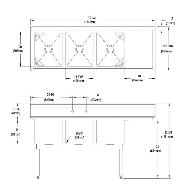 Elkay 14-3C16X20-R-18X Dependabilt Stainless Steel 72-1/2" x 25-13/16" x 43-3/4" 16 Gauge Three Compartment Sink w/ 18" Right Drainboard and Stainless Steel Legs
