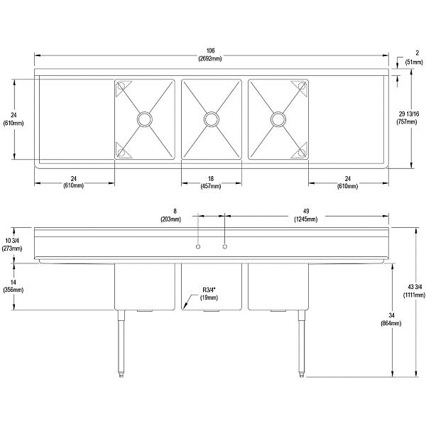 Elkay 14-3C18X24-2-24X Dependabilt Stainless Steel 106" x 29-13/16" x 43-3/4" 16 Gauge Three Compartment Sink w/ 24" Left and Right Drainboards & Stainless Steel Legs