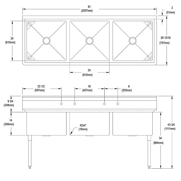 Elkay 14-3C24X24-0X Dependabilt Stainless Steel 81" x 29-13/16" x 43-3/4" 16 Gauge Three Compartment Sink with Stainless Steel Legs