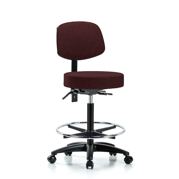 Blue Ridge Ergonomics FHBST-CR-T0-CF-RG-F41 Rutledge Fabric Stool with Back Chrome - High Bench Height with Chrome Foot Ring & Stationary Glides in Burgundy Fabric