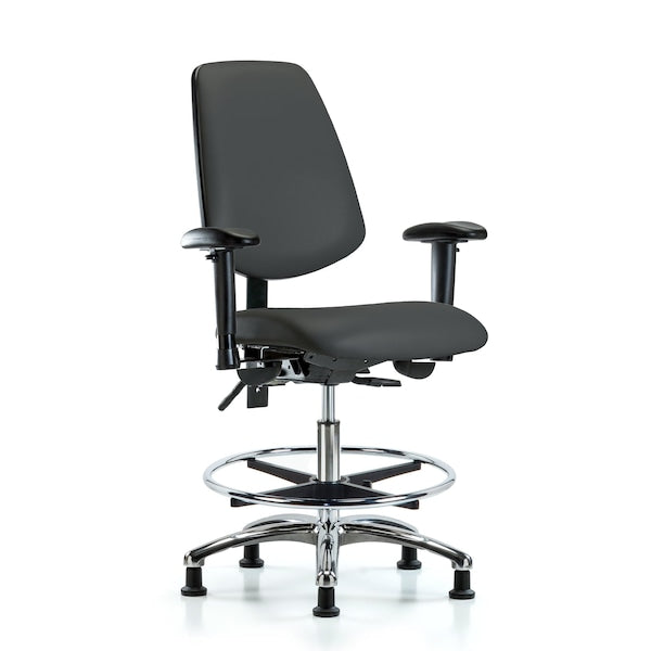 Blue Ridge Ergonomics VMBCH-MB-CR-T1-A1-CF-RG-8605 Rutledge Vinyl Chair Chrome - Medium Bench Height with Medium Back, Seat Tilt, Adjustable Arms, Chrome Foot Ring, & Stationary Glides in Charcoal Trailblazer™ Vinyl