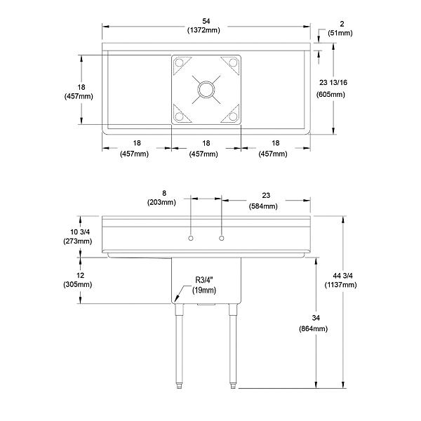 Elkay 1C18X18-2-18X Dependabilt Stainless Steel 54" x 23-13/16" x 44-3/4" 16 Gauge One Compartment Sink w/ 18" Left and Right Drainboards and Stainless Steel Legs