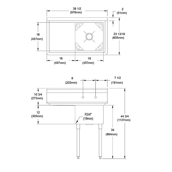Elkay 1C18X18-L-18X Dependabilt Stainless Steel 38-1/2" x 23-13/16" x 44-3/4" 16 Gauge One Compartment Sink w/ 18" Left Drainboard and Stainless Steel Legs