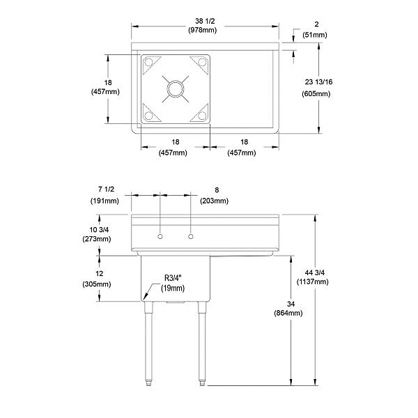 Elkay 1C18X18-R-18X Dependabilt Stainless Steel 38-1/2" x 23-13/16" x 44-3/4" 16 Gauge One Compartment Sink w/ 18" Right Drainboard and Stainless Steel Legs