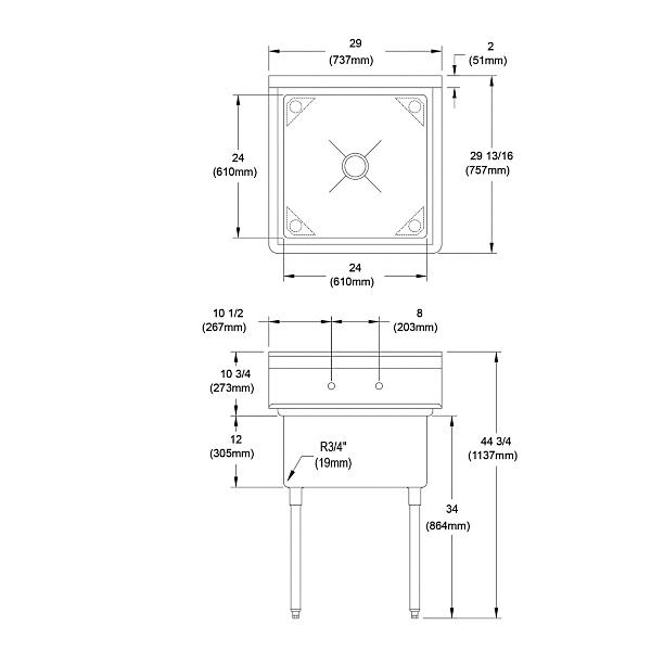 Elkay 1C24X24-0X Dependabilt Stainless Steel 29" x 29-13/16" x 44-3/4" 16 Gauge One Compartment Sink with Stainless Steel Legs