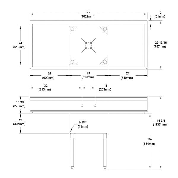 Elkay 1C24X24-2-24X Dependabilt Stainless Steel 72" x 29-13/16" x 44-3/4" 16 Gauge One Compartment Sink w/ 24" Left and Right Drainboards and Stainless Steel Legs