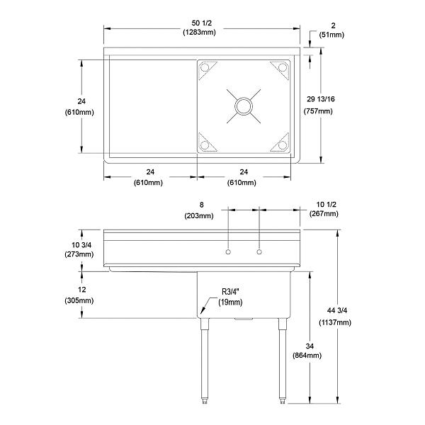 Elkay 1C24X24-L-24X Dependabilt Stainless Steel 50-1/2" x 29-13/16" x 44-3/4" 16 Gauge One Compartment Sink w/ 24" Left Drainboard and Stainless Steel Legs
