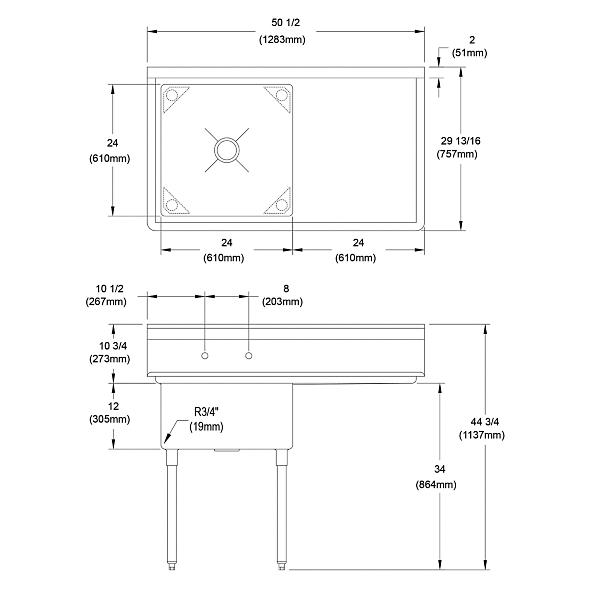 Elkay 1C24X24-R-24X Dependabilt Stainless Steel 50-1/2" x 29-13/16" x 44-3/4" 16 Gauge One Compartment Sink w/ 24" Right Drainboard and Stainless Steel Legs