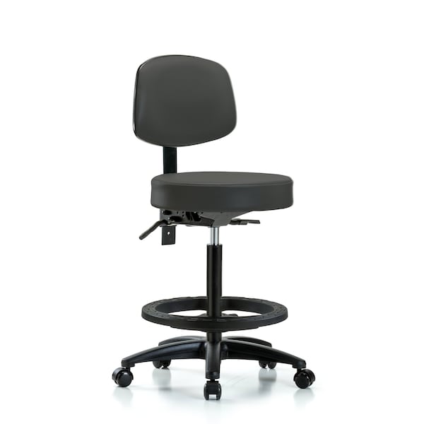 Blue Ridge Ergonomics VHBST-RG-T0-BF-RC-8605 Rutledge Vinyl Stool with Back - High Bench Height with Black Foot Ring & Casters in Charcoal Trailblazer™ Vinyl