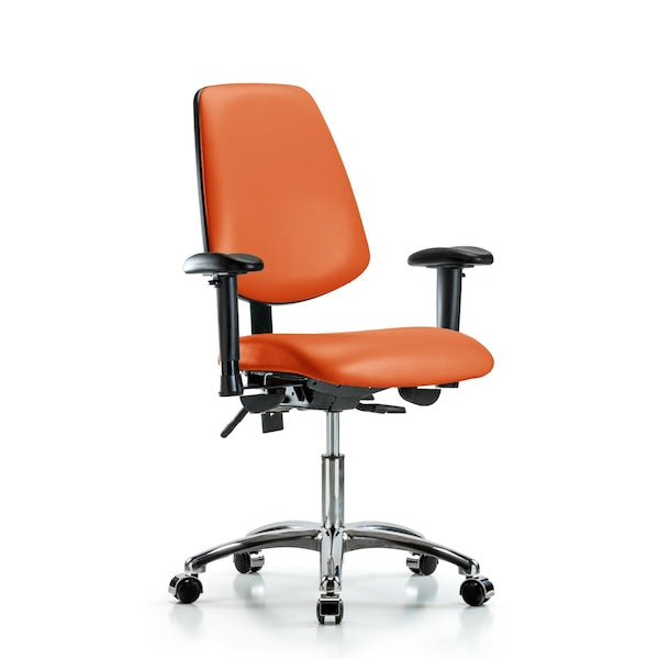 Blue Ridge Ergonomics VDHCH-MB-CR-T1-A1-CC-8613 Rutledge Vinyl Chair Chrome - Desk Height with Medium Back, Seat Tilt, Adjustable Arms, & Casters in Orange Kist Trailblazer™ Vinyl