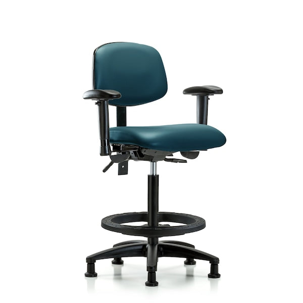 Blue Ridge Ergonomics VHBCH-RG-T0-A1-BF-RG-8801 Rutledge Vinyl Chair - High Bench Height with Adjustable Arms, Black Foot Ring, & Stationary Glides in Marine Blue Supernova™ Vinyl