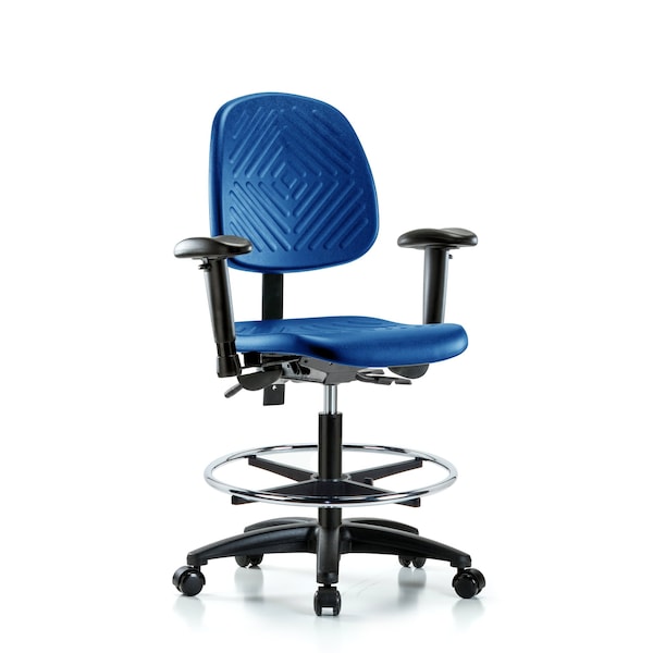 Blue Ridge Ergonomics PMBCH-MB-RG-T1-A1-CF-RC-BLU Polyurethane Chair - Medium Bench Height with Medium Back, Seat Tilt, Adjustable Arms, Chrome Foot Ring, & Casters in Blue Polyurethane