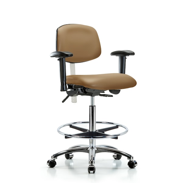 Blue Ridge Ergonomics NCR-VHBCH-CR-T0-A1-CF-CC-8584 Class 100 Vinyl Clean Room Chair - High Bench Height with Adjustable Arms, Chrome Foot Ring, & Casters in Taupe Trailblazer™ Vinyl