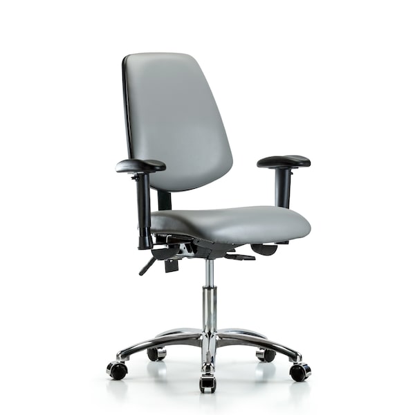 Blue Ridge Ergonomics VDHCH-MB-CR-T0-A1-CC-8840 Rutledge Vinyl Chair Chrome - Desk Height with Medium Back, Adjustable Arms, & Casters in Sterling Supernova™ Vinyl