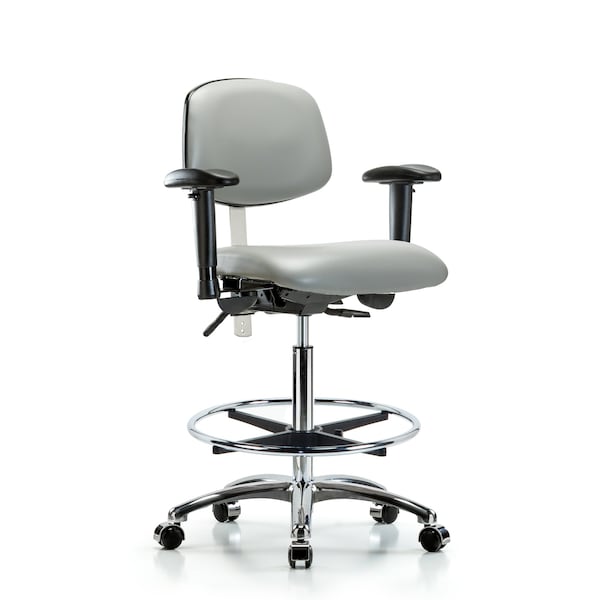 Blue Ridge Ergonomics VHBCH-CR-T1-A1-CF-CC-8567 Rutledge Vinyl Chair Chrome - High Bench Height with Seat Tilt, Adjustable Arms, Chrome Foot Ring, & Casters in Dove Trailblazer™ Vinyl