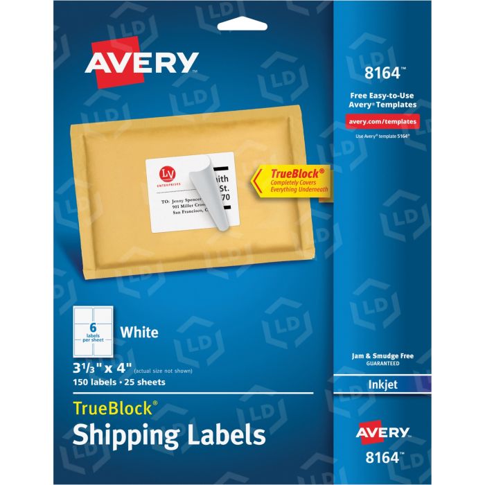 Avery® AVE8164 White Mailing Labels - Permanent Adhesive - 3.33" Width X 4" Length - 6 / Sheet - Rectangle - Inkjet - White - 150 / Pack