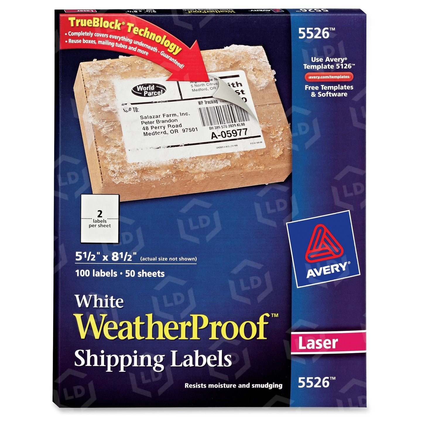 Avery® AVE5526 Weather Proof Mailing Label - Permanent Adhesive - "5.50" Width X 8.50" Length - 2 / Sheet - Rectangle - Laser - White - Polyester - 100 / Pack