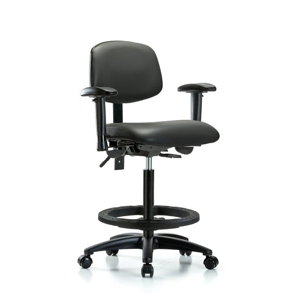 Blue Ridge Ergonomics VHBCH-RG-T1-A1-BF-RC-8823 Rutledge Vinyl Chair - High Bench Height with Seat Tilt, Adjustable Arms, Black Foot Ring, & Casters in Carbon Supernova™ Vinyl