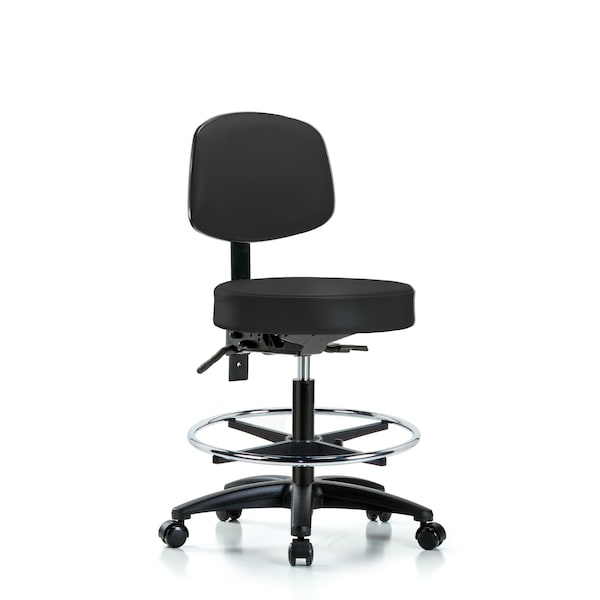 Blue Ridge Ergonomics VMBST-RG-T1-CF-RC-8540 Rutledge Vinyl Stool with Back - Medium Bench Height with Seat Tilt, Chrome Foot Ring, & Casters in Black Trailblazer™ Vinyl