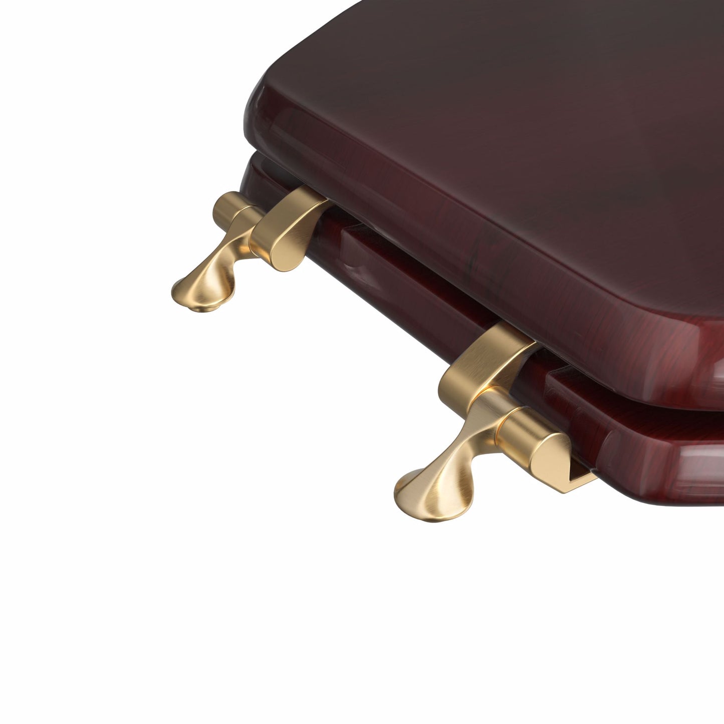 Jones Stephens C2B1E16BR Mahogany Designer Wood Toilet Seat with Piano Finish, Closed Front with Cover, Polished Brass Hinges, Elongated