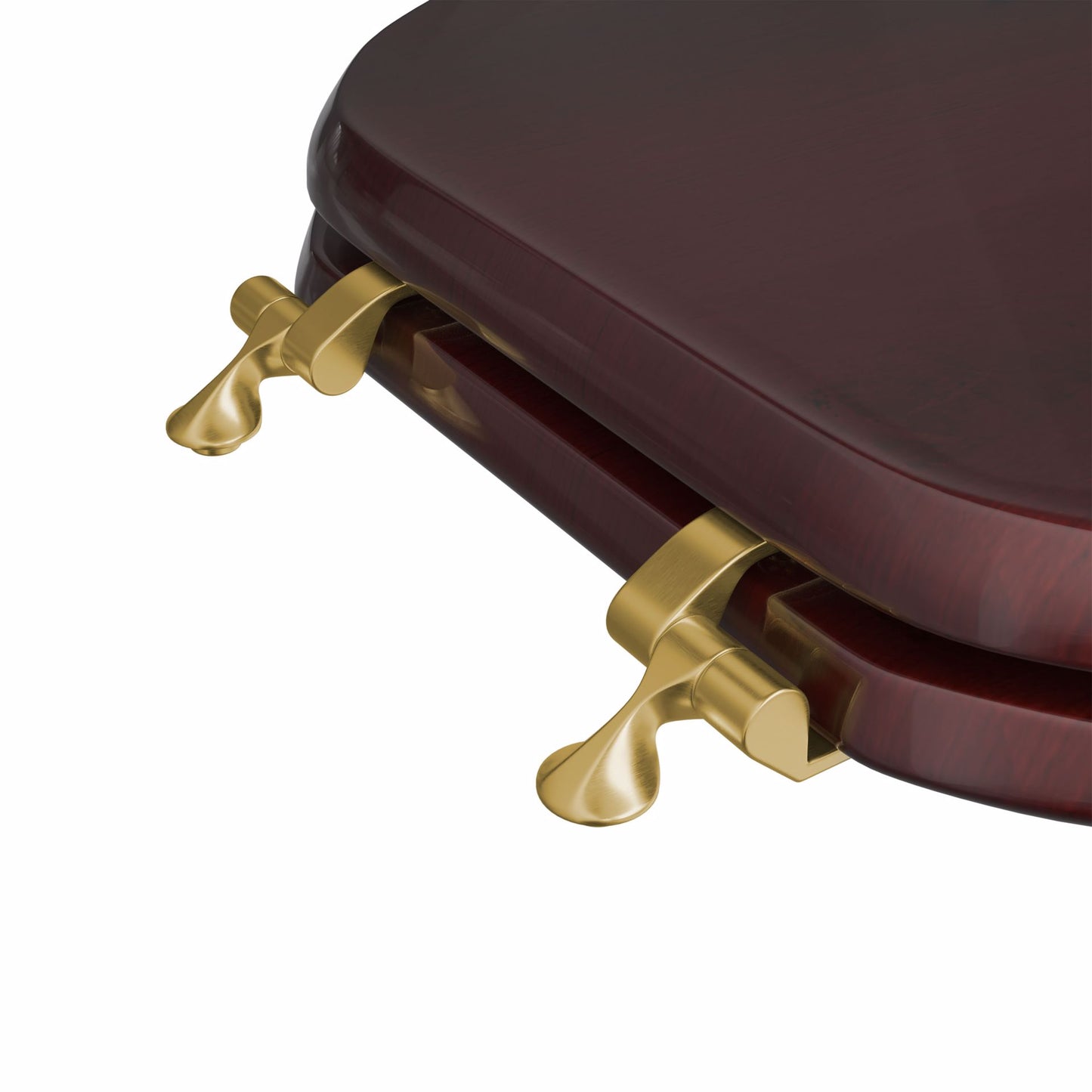 Jones Stephens C2B1R16BR Mahogany Designer Wood Toilet Seat with Piano Finish, Closed Front with Cover, Polished Brass Hinges, Round