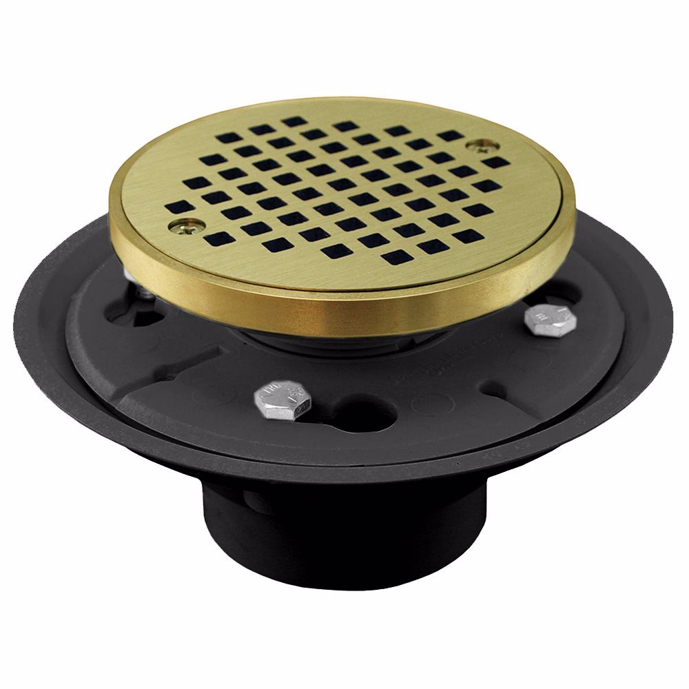 Jones Stephens D50133 2" x 3" PVC Shower Drain with 2" Metal Spud and 4" Round Polished Brass Cast Strainer with Grout Ring