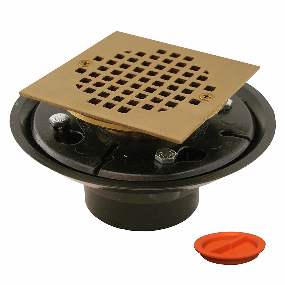 Jones Stephens D50153TP 2" x 3" ABS Shower Drain with 2" Brass Spud and 4" Square Polished Brass Strainer with Test Plug