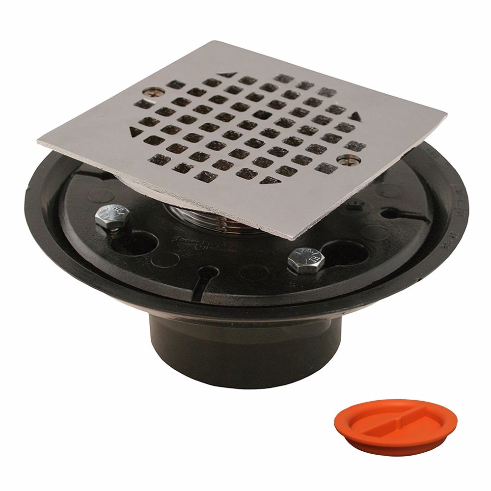 Jones Stephens D50162TP 2" x 3" ABS Shower Drain with 2" Brass Spud and 4" Square Chrome Plated Strainer with Test Plug