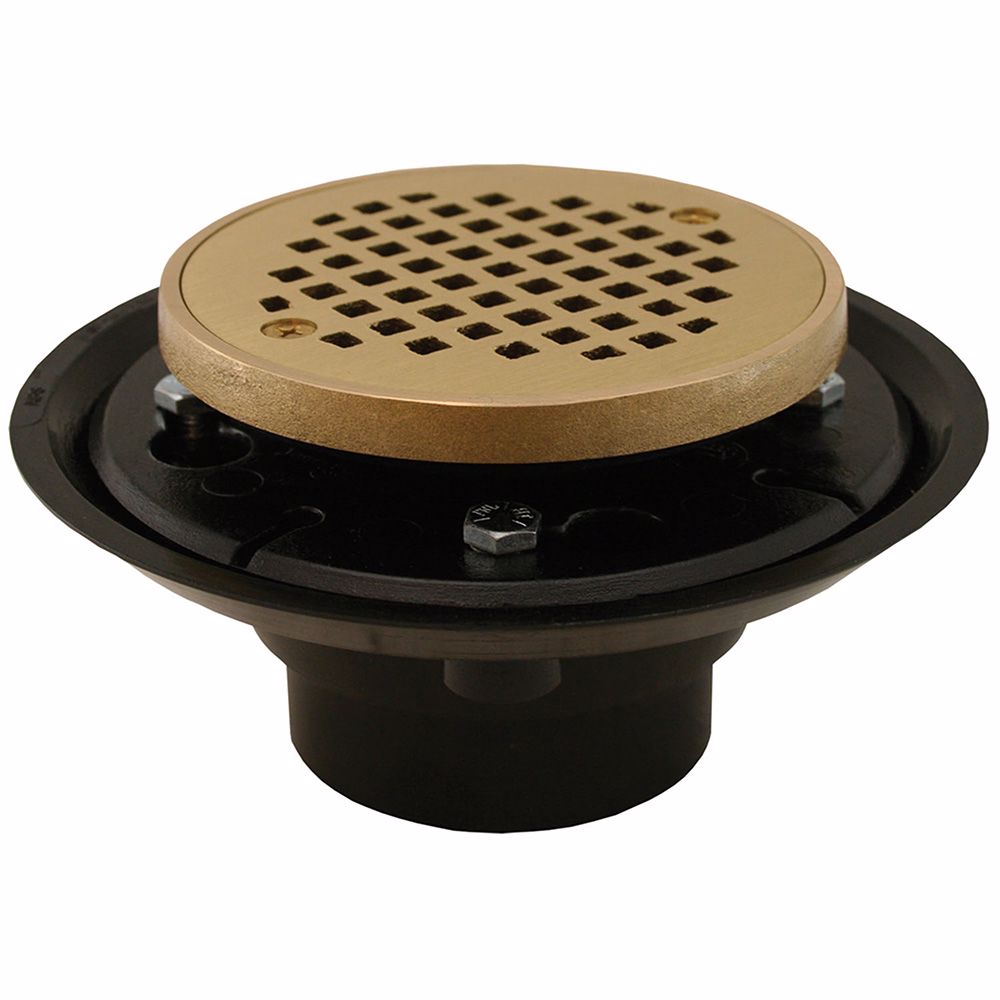 Jones Stephens D50333 2" x 3" ABS Shower Drain with 2" Metal Spud and 4" Round Polished Brass Cast Strainer with Grout Ring