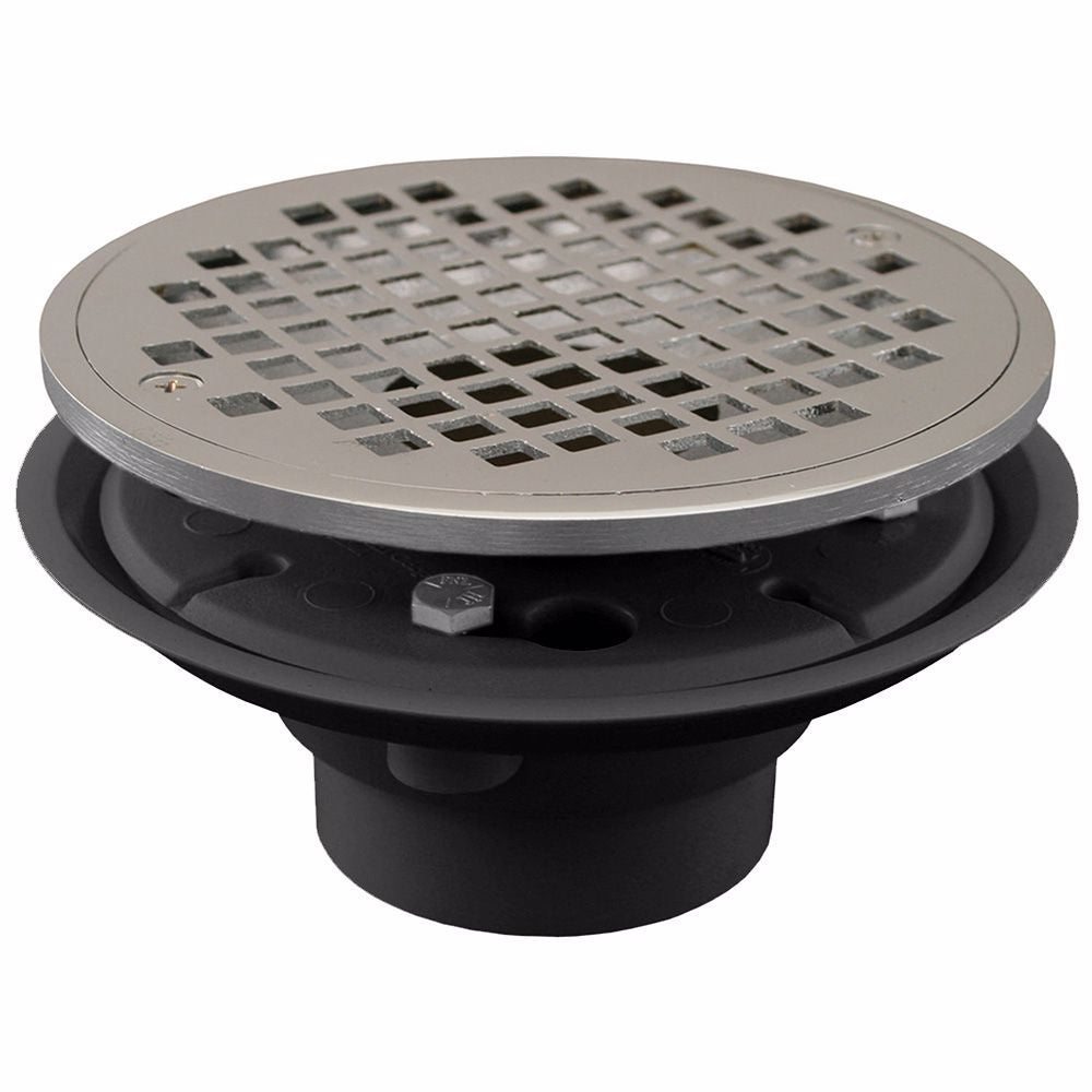 Jones Stephens D50800 2" x 3" PVC Shower Drain with 2" Brass Spud and 6" Round Chrome Plated Strainer