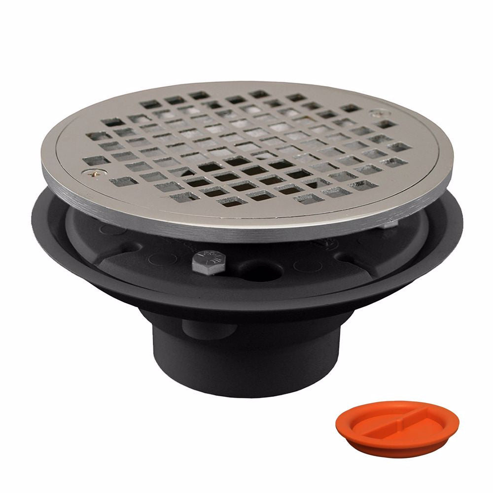 Jones Stephens D50800TP 2" x 3" PVC Shower Drain with 2" Brass Spud and 6" Round Chrome Plated Strainer with Test Plug