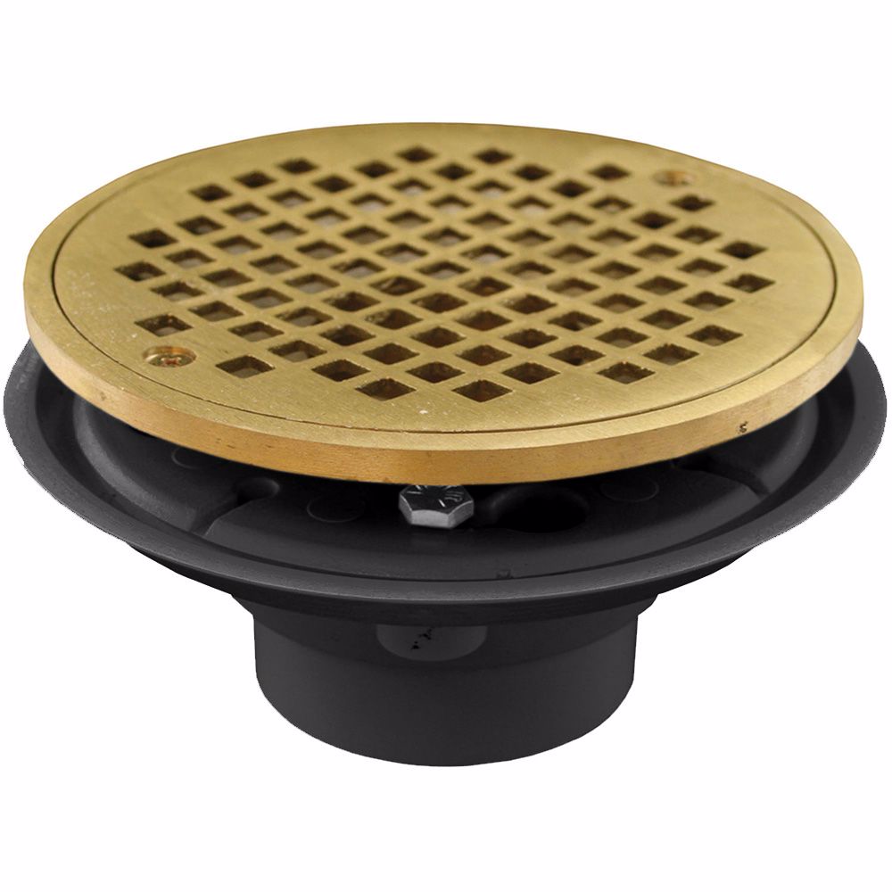 Jones Stephens D50802 2" x 3" PVC Shower Drain with 2" Brass Spud and 6" Round Polished Brass Strainer