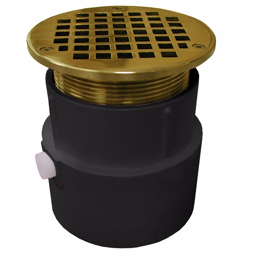 Jones Stephens D53047 4" PVC Over Pipe Fit Drain Base with 3-1/2" Metal Spud and 5" Polished Brass Strainer