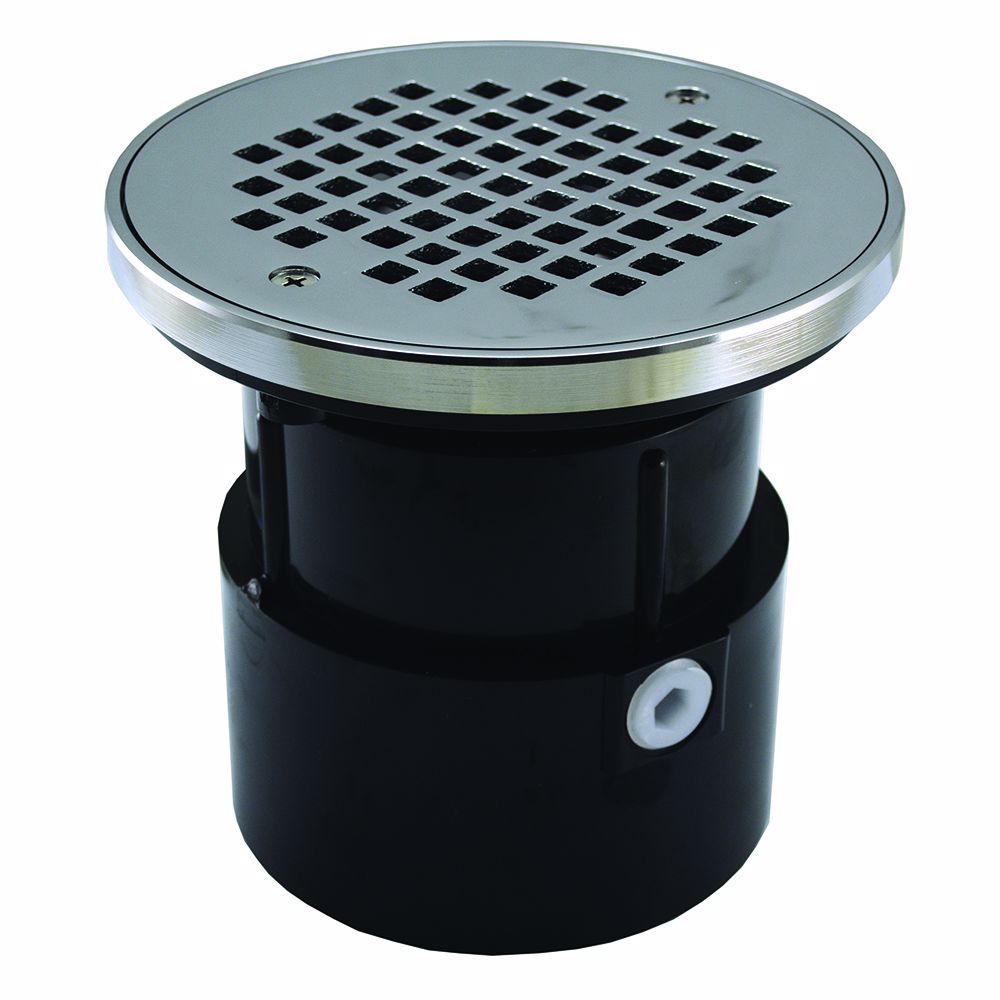 Jones Stephens D53283 4" ABS Over Pipe Fit Drain Base with 3-1/2" Plastic Spud and 6" Chrome Plated Strainer with Ring